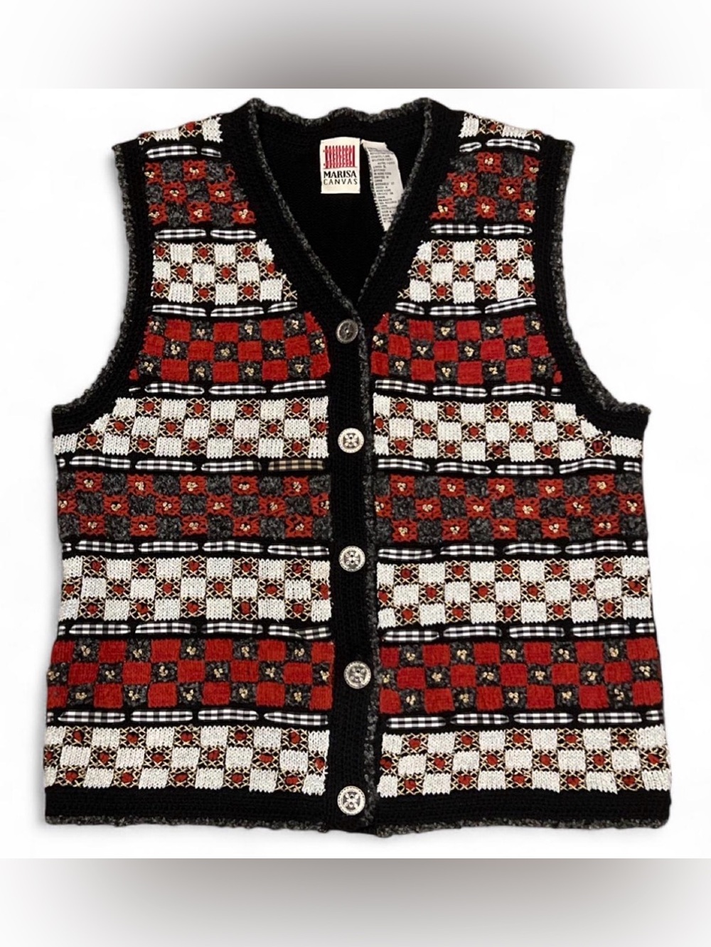 Vintage Marisa Canvas knit sweater vest grandmacore floral embroidered Sz PS